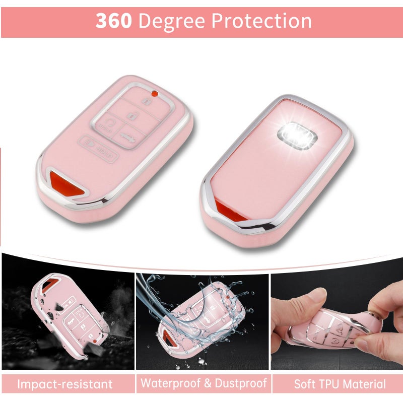 Pangpai Pink Car Accessories 3 Pcs for Honda Accord Civic CRV Pilot Odyssey Key Fob Cover with Bling Keychain Cute Push to Start Button Cover - Image 3